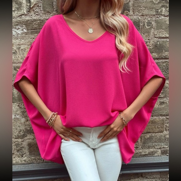 Boho pink V neck batwing sleeve blouse - Picture 5 of 6